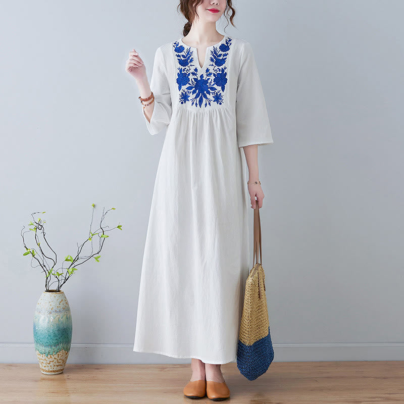Buddha Stones Casual Bohemia Embroidery Floral Simple Design Three Quarter Sleeve V-Neck Cotton Linen Maxi Dress - FloralWhite - US8-10，UK/AU12-14，EU40-42 (2XL) - image 5