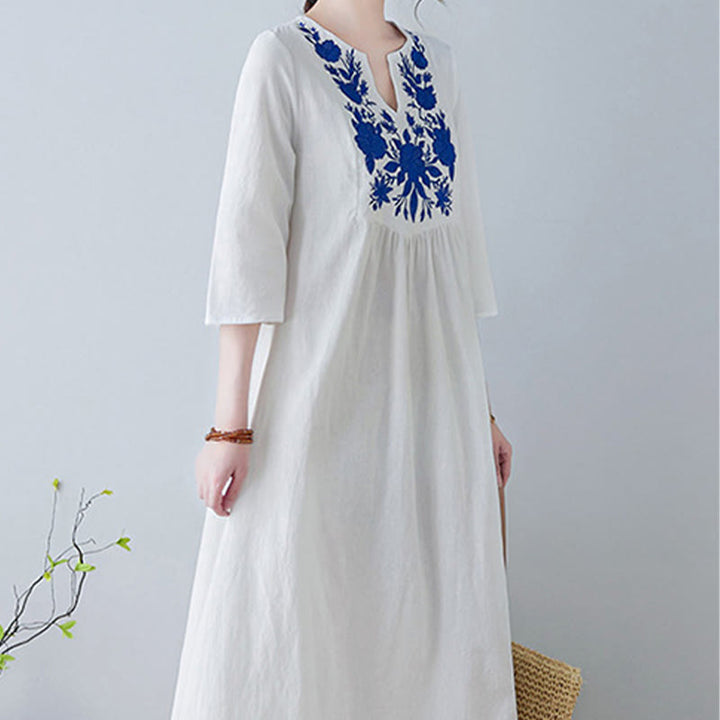 Buddha Stones Casual Bohemia Embroidery Floral Simple Design Three Quarter Sleeve V-Neck Cotton Linen Maxi Dress