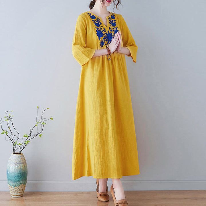 Buddha Stones Casual Bohemia Embroidery Floral Simple Design Three Quarter Sleeve V-Neck Cotton Linen Maxi Dress