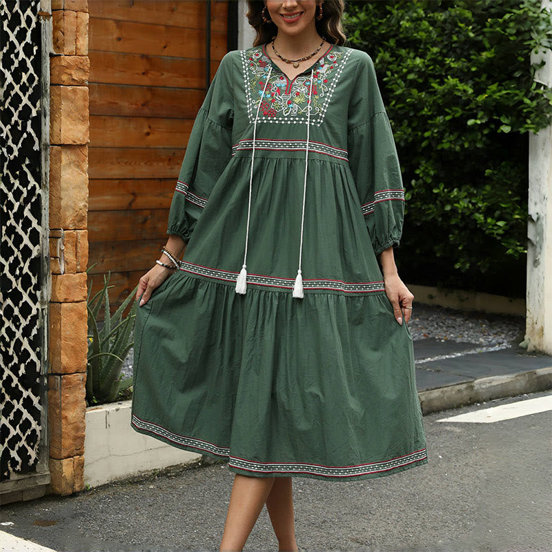 Buddha Stones DarkGreen Retro Ethnic Embroidery Long Lantern Sleeve Linen Cotton Midi Dress - image 3
