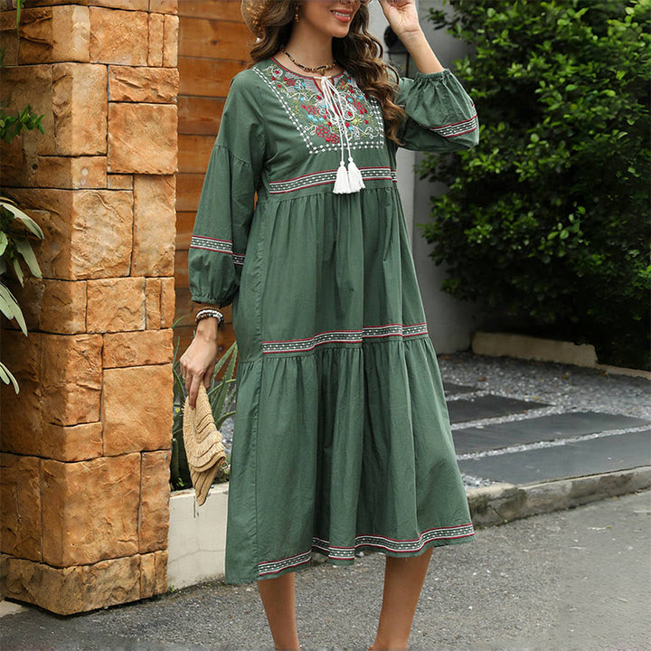 Buddha Stones DarkGreen Retro Ethnic Embroidery Long Lantern Sleeve Linen Cotton Midi Dress - image 1