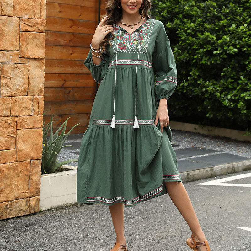 Buddha Stones DarkGreen Retro Ethnic Embroidery Long Lantern Sleeve Linen Cotton Midi Dress - DarkGreen - US12，UK/AU16，EU44 (3XL) - image 0