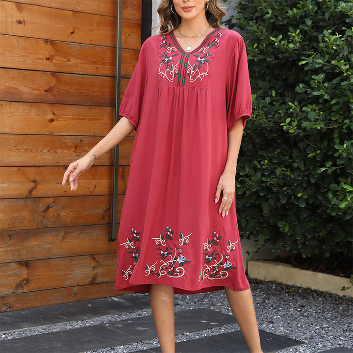 Buddha Stones Indianred Retro Ethnic Embroidery Long Lantern Sleeve Cotton Midi Dress
