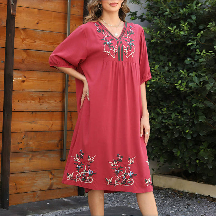 Buddha Stones Indianred Retro Ethnic Embroidery Long Lantern Sleeve Cotton Midi Dress