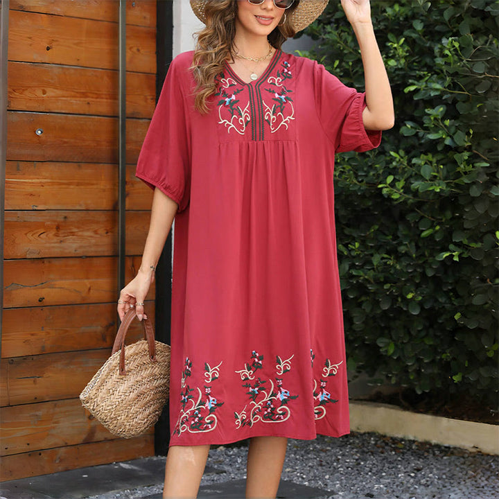 Buddha Stones Indianred Retro Ethnic Embroidery Long Lantern Sleeve Cotton Midi Dress