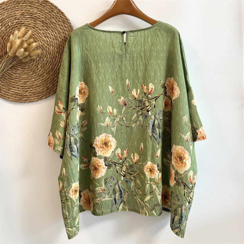 Buddha Stones Casual Loose Print Petals Women's Crew Neck Design Half Sleeve Polyester T-shirt
