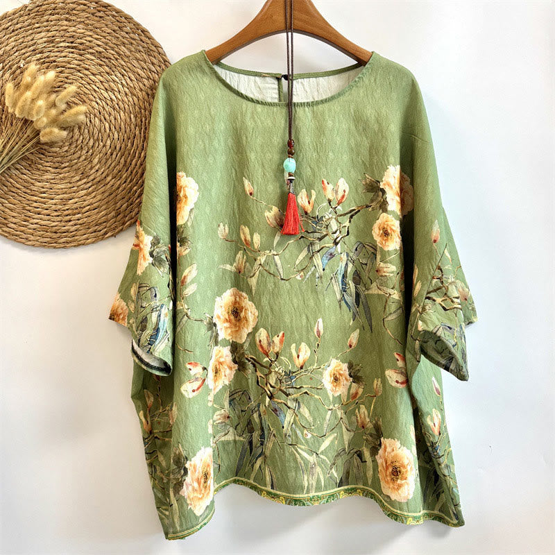 Buddha Stones Casual Loose Print Petals Women's Crew Neck Design Half Sleeve Polyester T-shirt