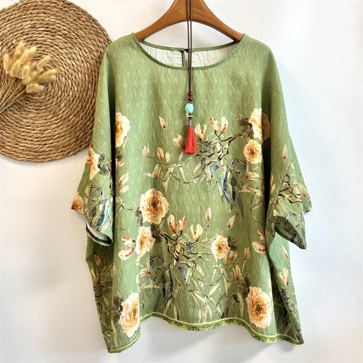 Buddha Stones Casual Loose Print Petals Women's Crew Neck Design Half Sleeve Polyester T-shirt