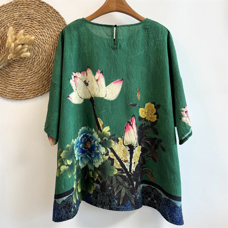 Buddha Stones Casual Loose Printed Lotus Peony Flowers Women's Crew Neck Design Half Sleeve Polyester T-shirt