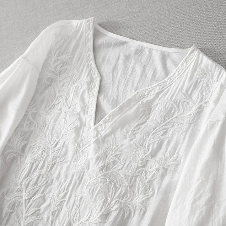 Buddha Stones Summer White Pure Color Embroidery Leaf Flower V-Neck Short Sleeve Midi Dress With Pockets - image 2