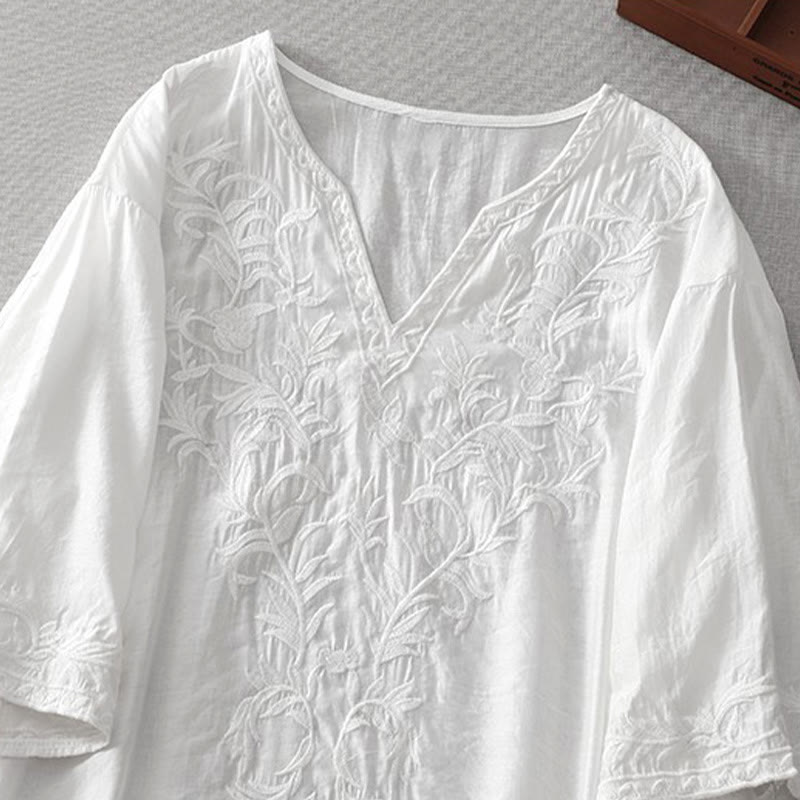 Buddha Stones Summer White Pure Color Embroidery Leaf Flower V-Neck Short Sleeve Midi Dress With Pockets - image 4