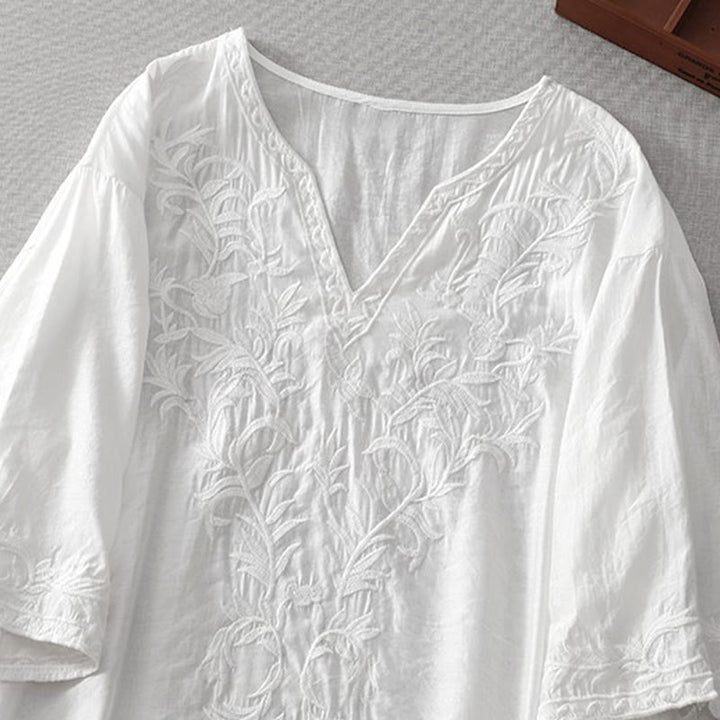 Buddha Stones Summer White Pure Color Embroidery Leaf Flower V-Neck Short Sleeve Midi Dress With Pockets - image 4
