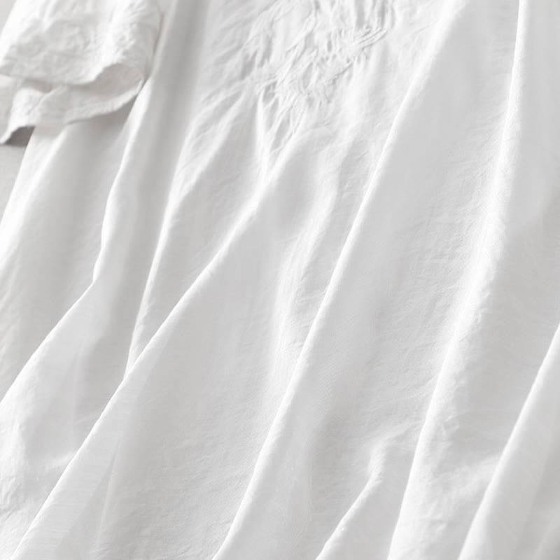 Buddha Stones Summer White Pure Color Embroidery Leaf Flower V-Neck Short Sleeve Midi Dress With Pockets - image 7