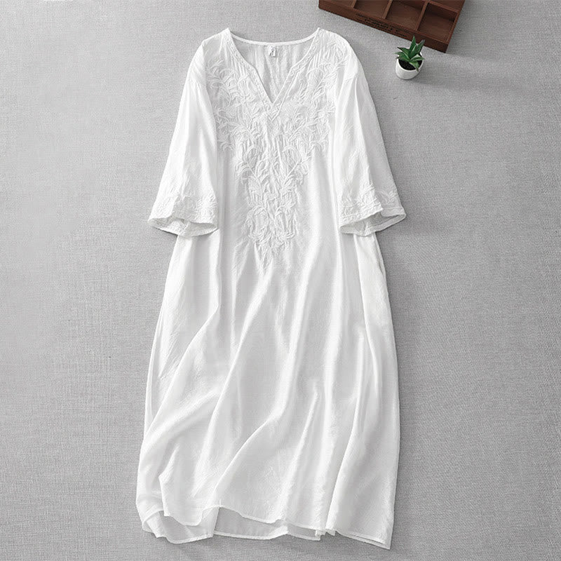 Buddha Stones Summer White Pure Color Embroidery Leaf Flower V-Neck Short Sleeve Midi Dress With Pockets - White - US8-10，UK/AU12-14，EU40-42 (2XL) - image 0