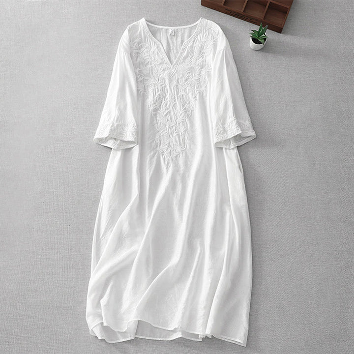 Buddha Stones Summer White Pure Color Embroidery Leaf Flower V-Neck Short Sleeve Midi Dress With Pockets - White - US8-10，UK/AU12-14，EU40-42 (2XL) - image 1