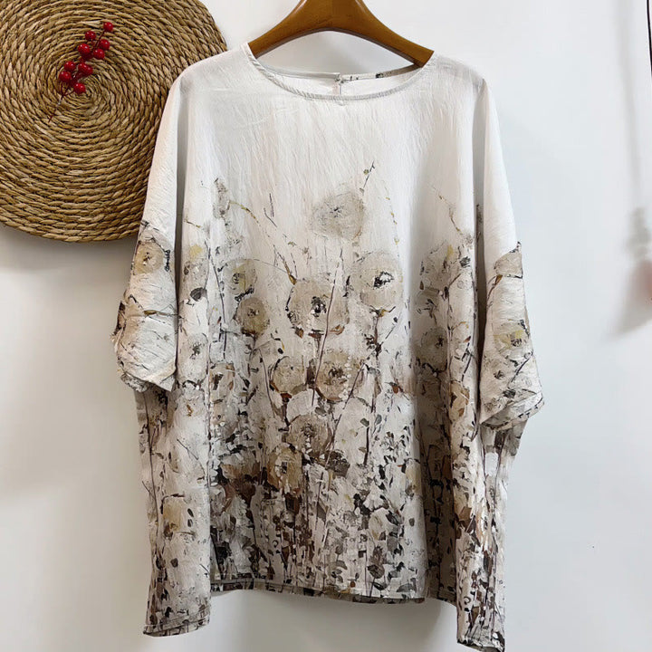 Buddha Stones Casual Loose Printed Petal Bush Women's Crew Neck Design Half Sleeve Polyester T-shirt