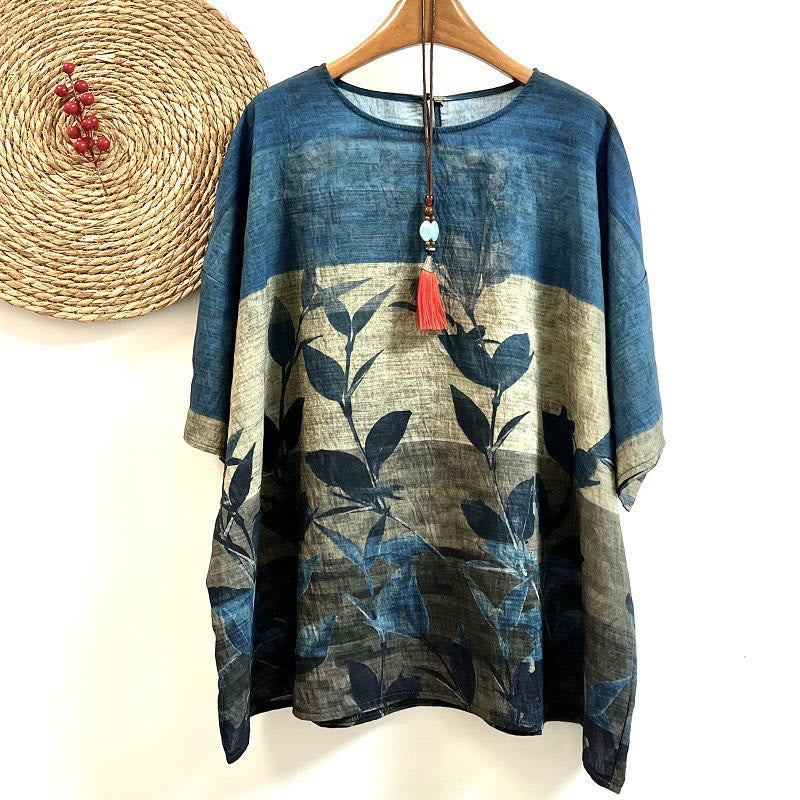 Buddha Stones Casual Loose Printed Leaf Plants Women's Crew Neck Design Half Sleeve Polyester T-shirt