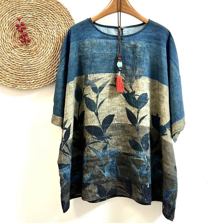 Buddha Stones Casual Loose Printed Leaf Plants Women's Crew Neck Design Half Sleeve Polyester T-shirt