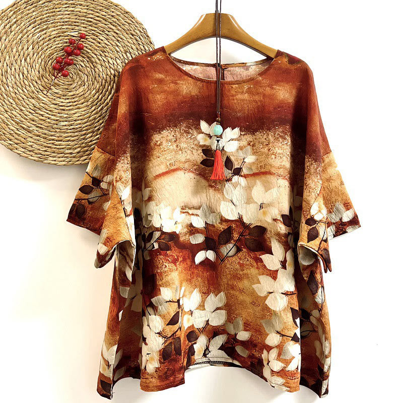 Buddha Stones Casual Printed Leaf Plants Women's Crew Neck Design Half Sleeve Polyester T-shirt