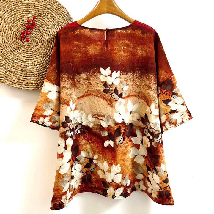 Buddha Stones Casual Printed Leaf Plants Women's Crew Neck Design Half Sleeve Polyester T-shirt