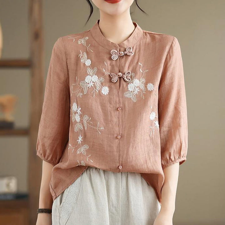 Buddha Stones Vintage Flower Embroidery Three Quarter Sleeve Frog-Button Cotton Linen Women's Shirt