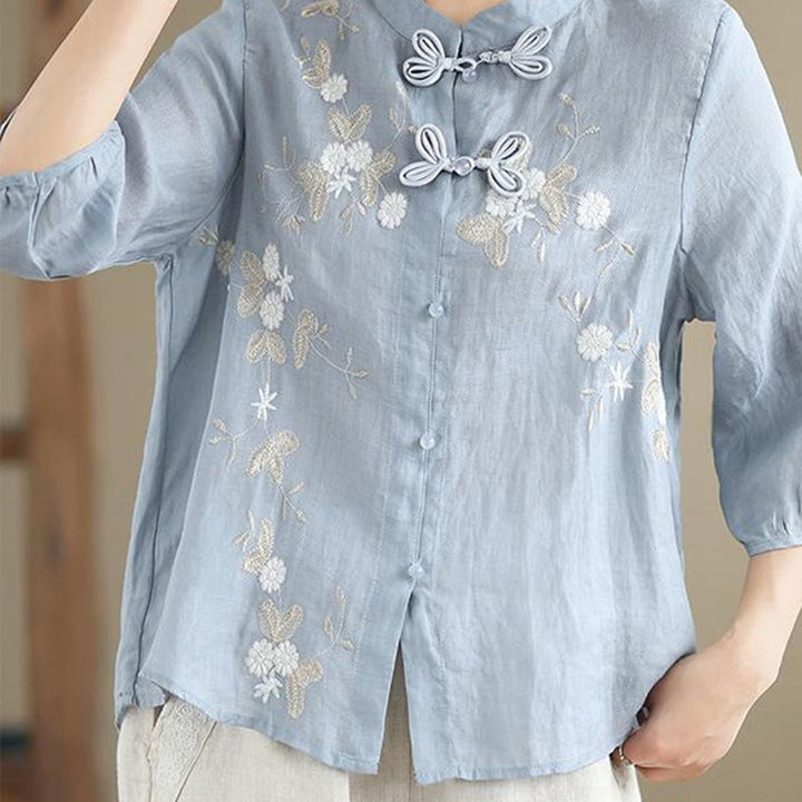 Buddha Stones Vintage Flower Embroidery Three Quarter Sleeve Frog-Button Cotton Linen Women's Shirt