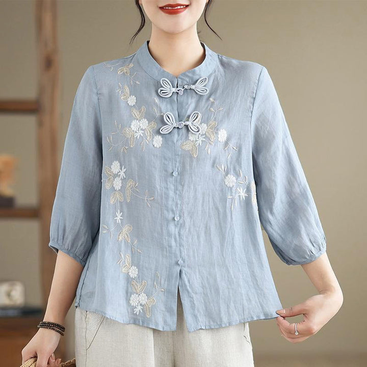 Buddha Stones Vintage Flower Embroidery Three Quarter Sleeve Frog-Button Cotton Linen Women's Shirt