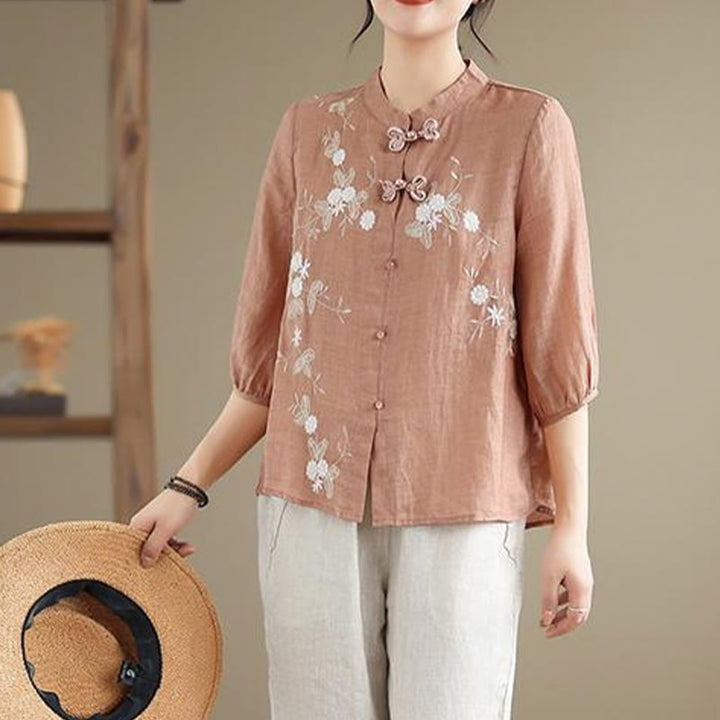 Buddha Stones Vintage Flower Embroidery Three Quarter Sleeve Frog-Button Cotton Linen Women's Shirt