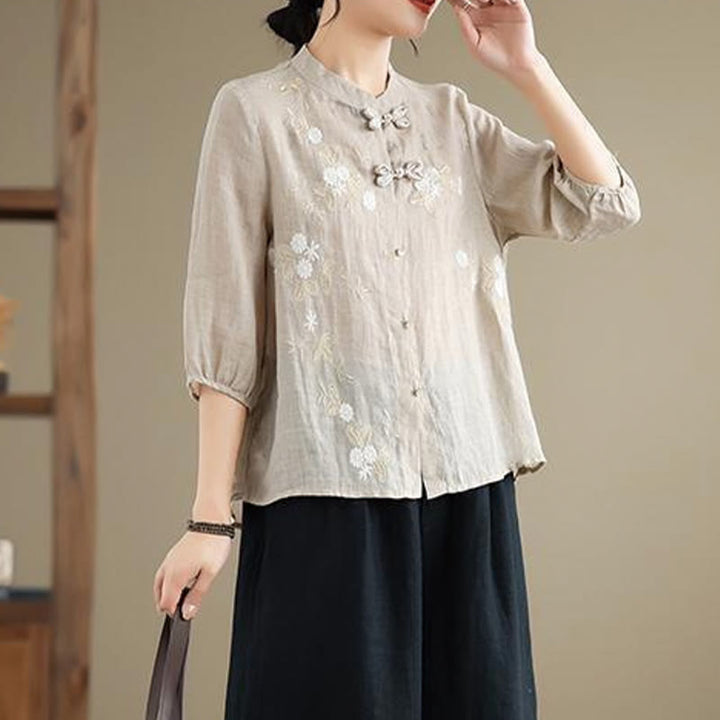 Buddha Stones Vintage Flower Embroidery Three Quarter Sleeve Frog-Button Cotton Linen Women's Shirt