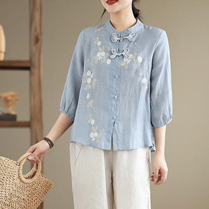 Buddha Stones Vintage Flower Embroidery Three Quarter Sleeve Frog-Button Cotton Linen Women's Shirt
