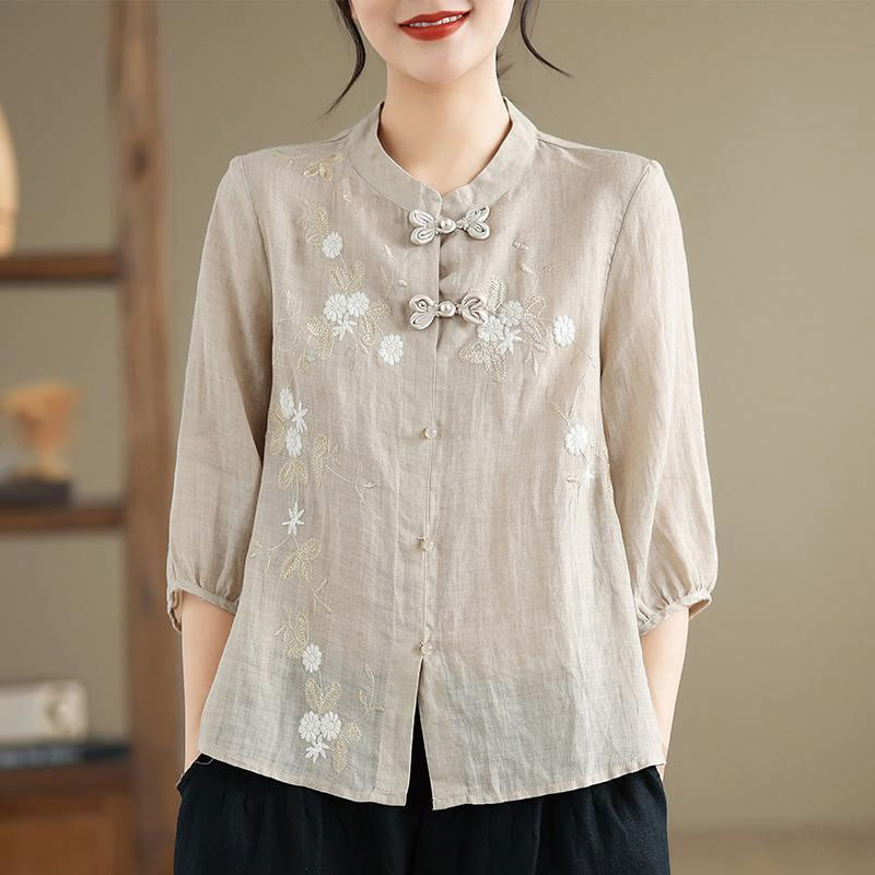 Buddha Stones Vintage Flower Embroidery Three Quarter Sleeve Frog-Button Cotton Linen Women's Shirt - LemonChiffon - US8-10，UK/AU12-14，EU40-42 (2XL) - image 4