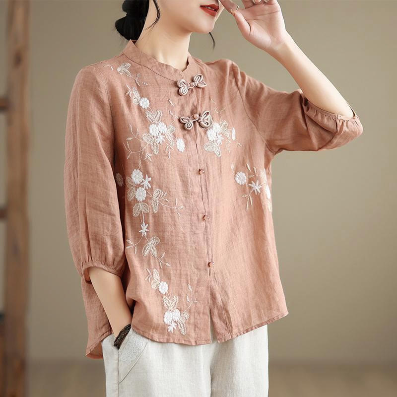 Buddha Stones Vintage Flower Embroidery Three Quarter Sleeve Frog-Button Cotton Linen Women's Shirt