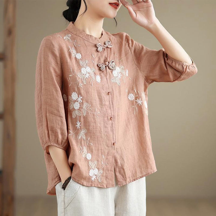 Buddha Stones Vintage Flower Embroidery Three Quarter Sleeve Frog-Button Cotton Linen Women's Shirt