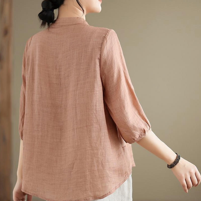 Buddha Stones Vintage Flower Embroidery Three Quarter Sleeve Frog-Button Cotton Linen Women's Shirt - image 10
