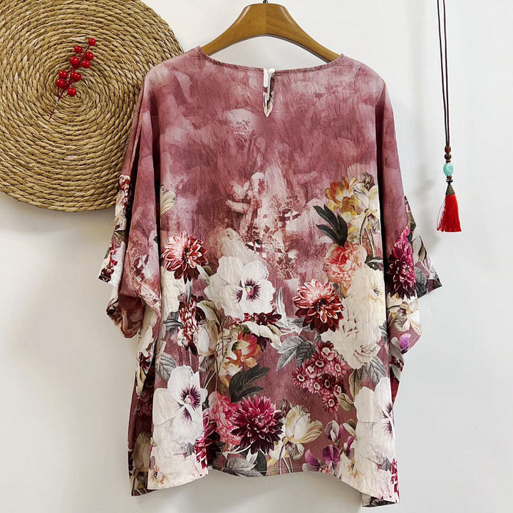 Buddha Stones Casual Printed Various Petals Dahlia Peony Women's Crew Neck Design Half Sleeve Polyester T-shirt