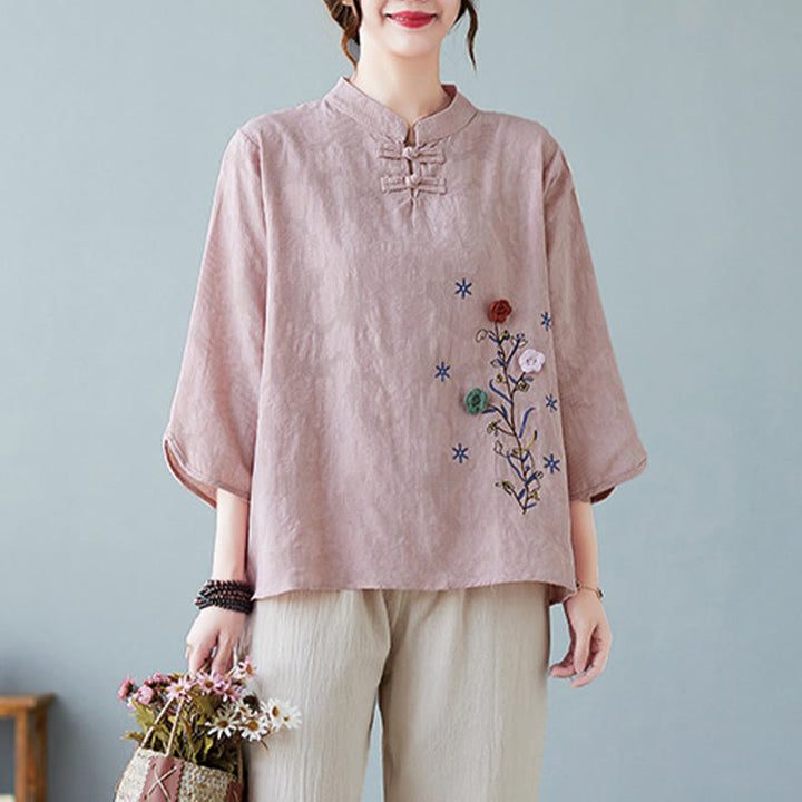 Buddha Stones Vintage Summer Stereoscopic Flower Embroidery Three Quarter Sleeve Frog-Button Cotton Linen Women's Shirt