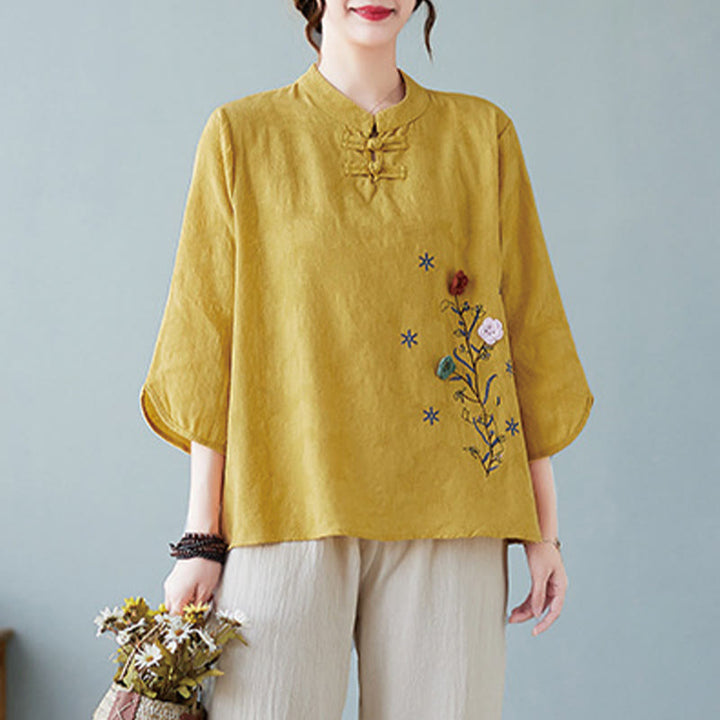 Buddha Stones Vintage Summer Stereoscopic Flower Embroidery Three Quarter Sleeve Frog-Button Cotton Linen Women's Shirt