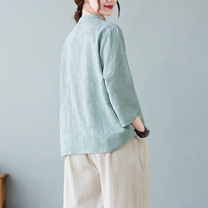 Buddha Stones Vintage Summer Stereoscopic Flower Embroidery Three Quarter Sleeve Frog-Button Cotton Linen Women's Shirt