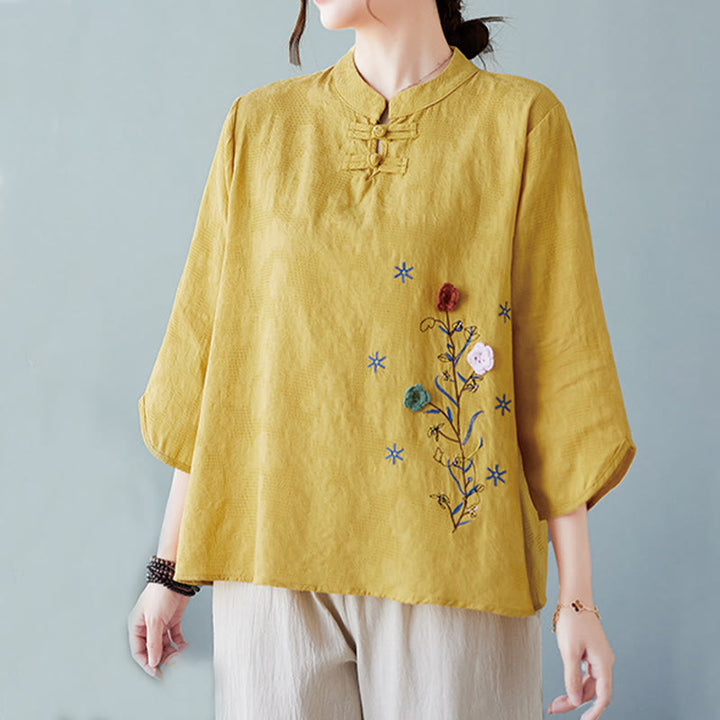 Buddha Stones Vintage Summer Stereoscopic Flower Embroidery Three Quarter Sleeve Frog-Button Cotton Linen Women's Shirt