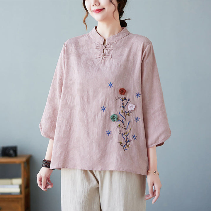 Buddha Stones Vintage Summer Stereoscopic Flower Embroidery Three Quarter Sleeve Frog-Button Cotton Linen Women's Shirt