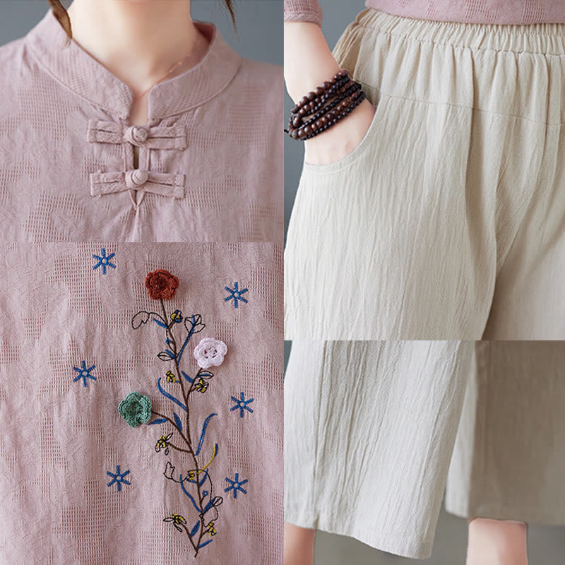 Buddha Stones Vintage Summer Stereoscopic Flower Embroidery Three Quarter Sleeve Frog-Button Cotton Linen Women's Shirt