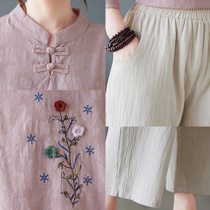 Buddha Stones Vintage Summer Stereoscopic Flower Embroidery Three Quarter Sleeve Frog-Button Cotton Linen Women's Shirt