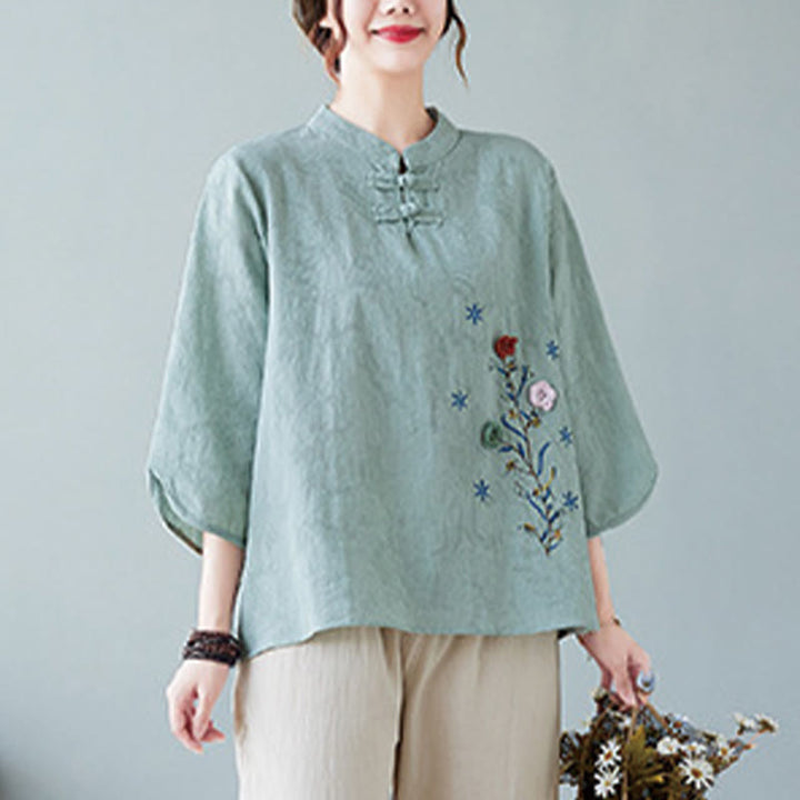 Buddha Stones Vintage Summer Stereoscopic Flower Embroidery Three Quarter Sleeve Frog-Button Cotton Linen Women's Shirt