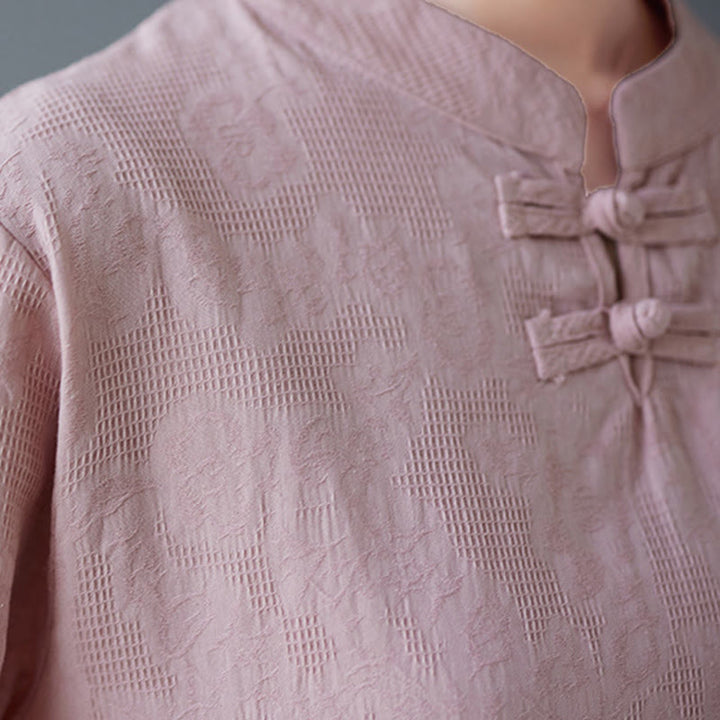 Buddha Stones Vintage Summer Stereoscopic Flower Embroidery Three Quarter Sleeve Frog-Button Cotton Linen Women's Shirt