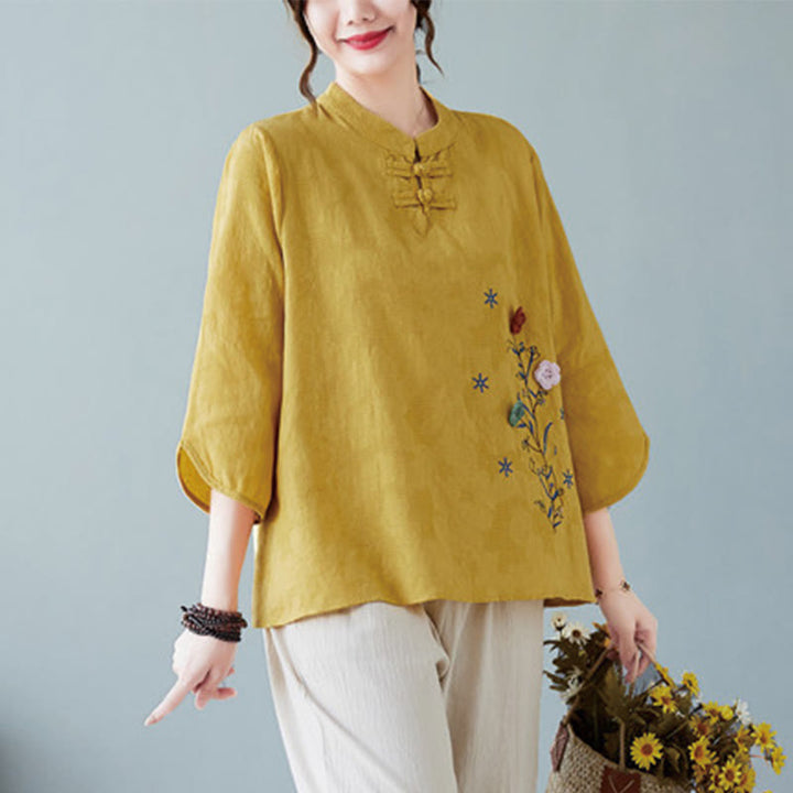 Buddha Stones Vintage Summer Stereoscopic Flower Embroidery Three Quarter Sleeve Frog-Button Cotton Linen Women's Shirt