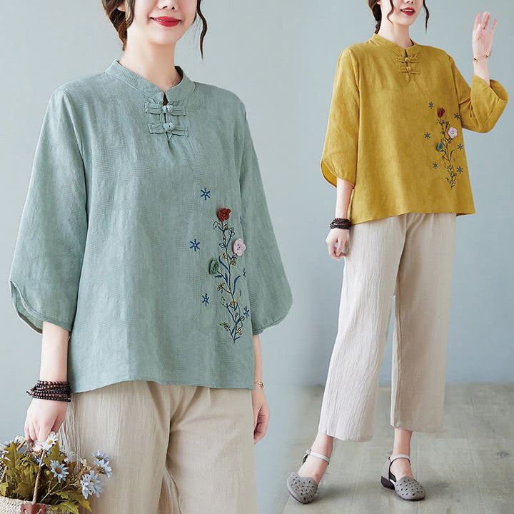 Buddha Stones Vintage Summer Stereoscopic Flower Embroidery Three Quarter Sleeve Frog-Button Cotton Linen Women's Shirt
