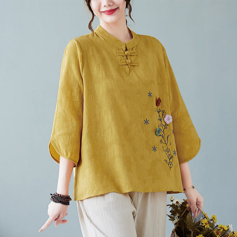 Buddha Stones Vintage Summer Stereoscopic Flower Embroidery Three Quarter Sleeve Frog-Button Cotton Linen Women's Shirt