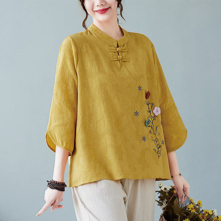 Buddha Stones Vintage Summer Stereoscopic Flower Embroidery Three Quarter Sleeve Frog-Button Cotton Linen Women's Shirt