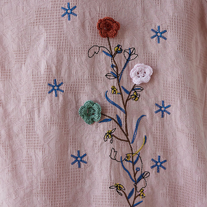 Buddha Stones Vintage Summer Stereoscopic Flower Embroidery Three Quarter Sleeve Frog-Button Cotton Linen Women's Shirt