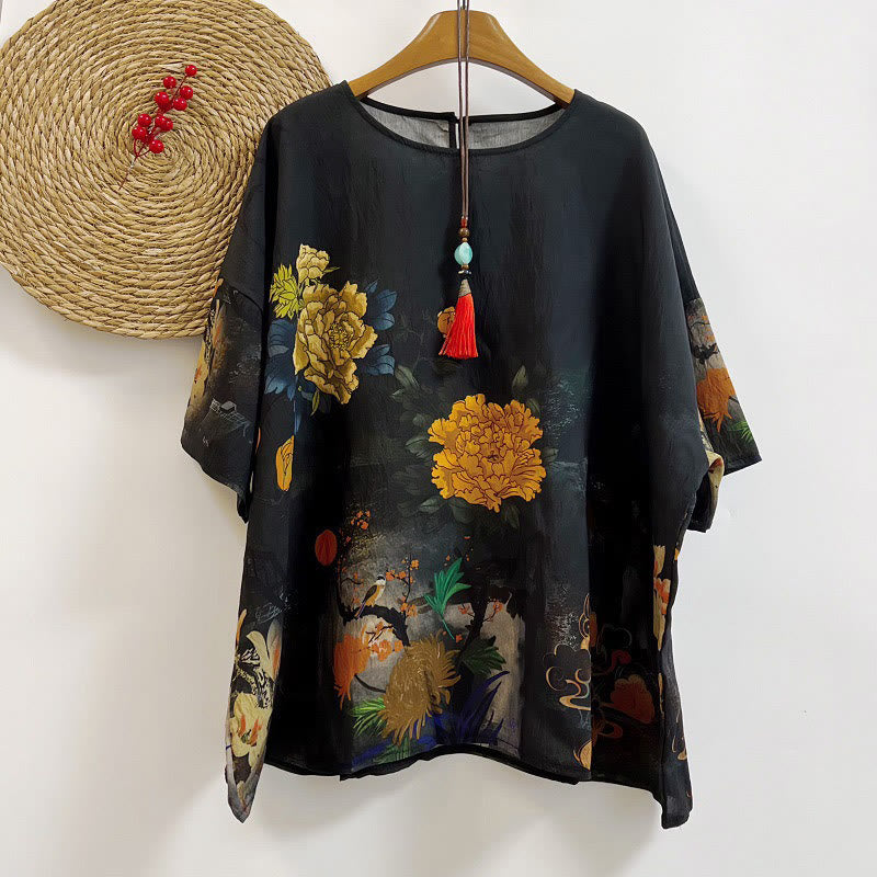 Buddha Stones Casual Printed Auspicious Clouds Various Petals Women's Crew Neck Design Half Sleeve Polyester T-shirt